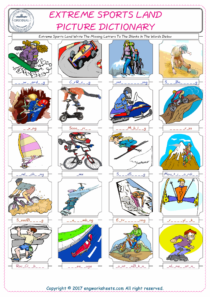  Extreme Sports Land Words English worksheets For kids, the ESL Worksheet for finding and typing the missing letters of Extreme Sports Land Words 